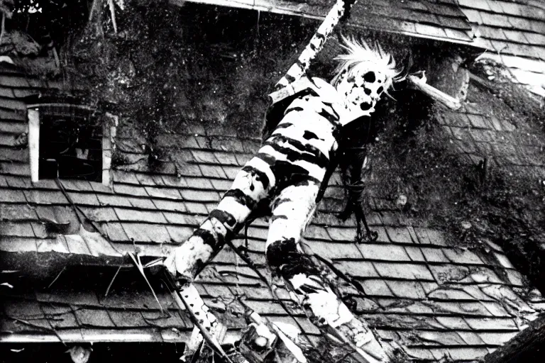 Image similar to A terrible clown chainsaw falls from the roof of a wooden house, 1960, black and white photography