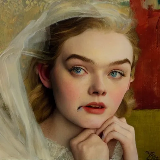 Prompt: Elle Fanning at night, stormy weather, extremely detailed masterpiece, oil on canvas, by Norman Rockwell and Peter Ruben,