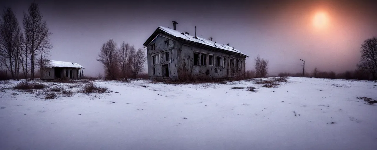 Image similar to landscape, soviet military, abandoned lifeless house, dark winter evening, snowing, atmospheric, mystical, very detailed 4 k