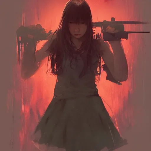 Image similar to full body portrait of a korean schoolgirl with long hair and bangs, her arms are mutating into thin red tedrils, dramatic lighting, illustration by Greg rutkowski, yoji shinkawa, 4k, digital art, sci-fi horror concept art, trending on artstation