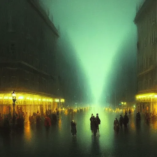 Prompt: City lights at night with a lot of people walking, street lights, cars, digital art trending on artstation by Ivan Aivazovsky