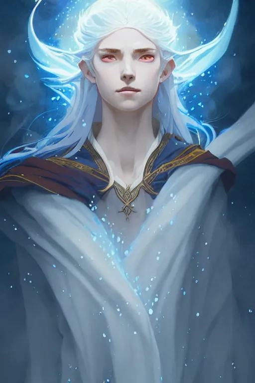 Image similar to elvish female sorcerer doing water magic spells, blue robes, red hair, finely detailed perfect face, exquisite details, mid view, design on a white background, by studio muti, greg rutkowski makoto shinkai takashi takeuchi studio ghibli