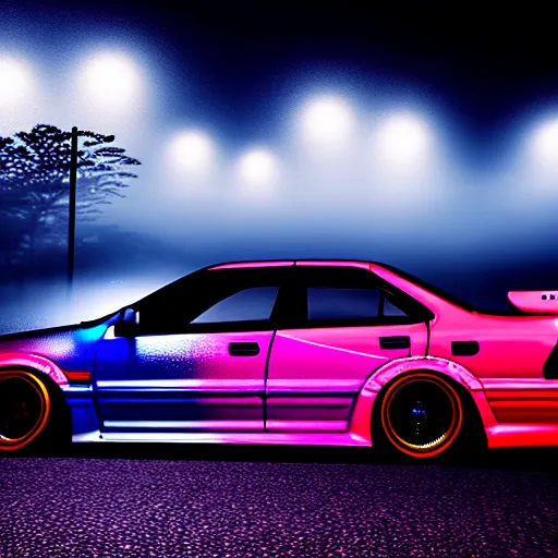 Image similar to a car JZX90 twin turbo drift spec in middle of road, Saitama prefecture, city midnight mist lights, cinematic lighting, photorealistic, highly detailed wheels, high detail