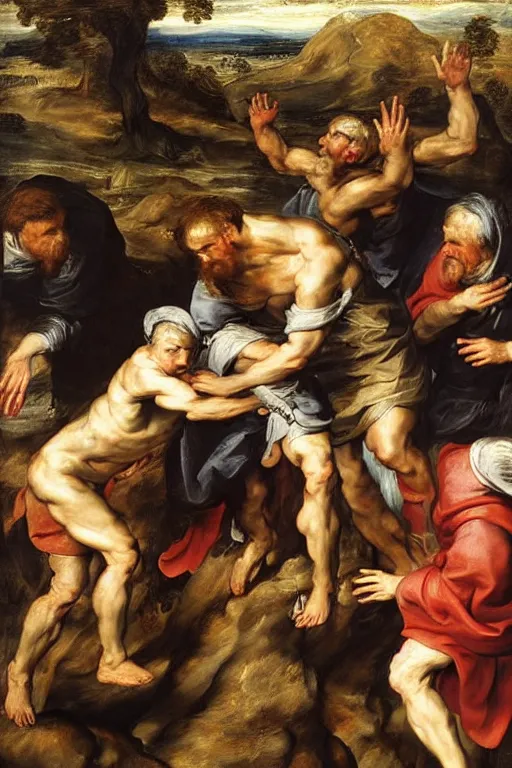 Prompt: a highly realistic oil painting of The Descent from the Cross, vey detailed faces, landscape background, by Rubens