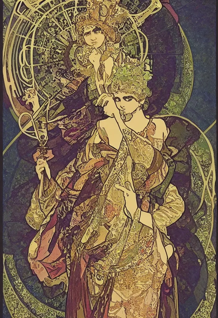 Image similar to Yoshua Bengio as the emperor on a tarot card, tarot in art style by Alphonse Mucha