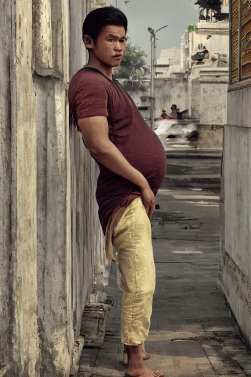 Prompt: Full-length portrait of a handsome young pregnant male on the streets of Bangkok, historically reliable photo chronicle, 1975, ultra detailed digital art, octane render, 4K, by John William Waterhouse and Edwin Longsden Long and Theodore Ralli and Nasreddine Dinet