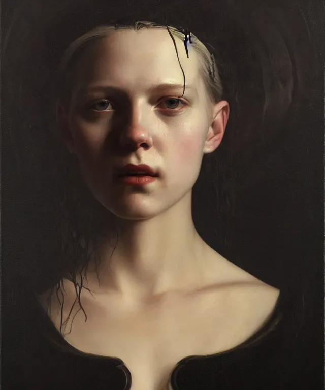 Prompt: ( ( ( ( ( ( ( the portrait of hunter schafer ) ) ) ) ) ) ) in black wax crown by roberto ferri, dark fantasy, witcher!!!!!!!, very detailed oil painting, masterpiece, 8 k