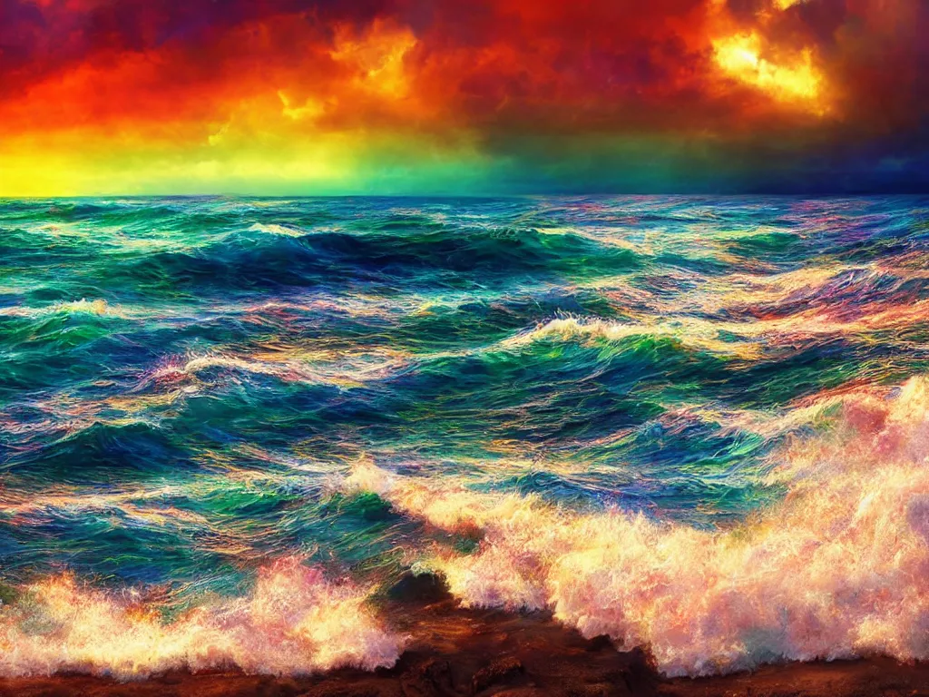 Prompt: Warm rainbow sunny colored stormy waves on the shore of a beautiful beach, avatar, sunny rainbow galaxy stormy sea, cinematic, sunset, hyper-realistic, high resolution, concept art, artstation