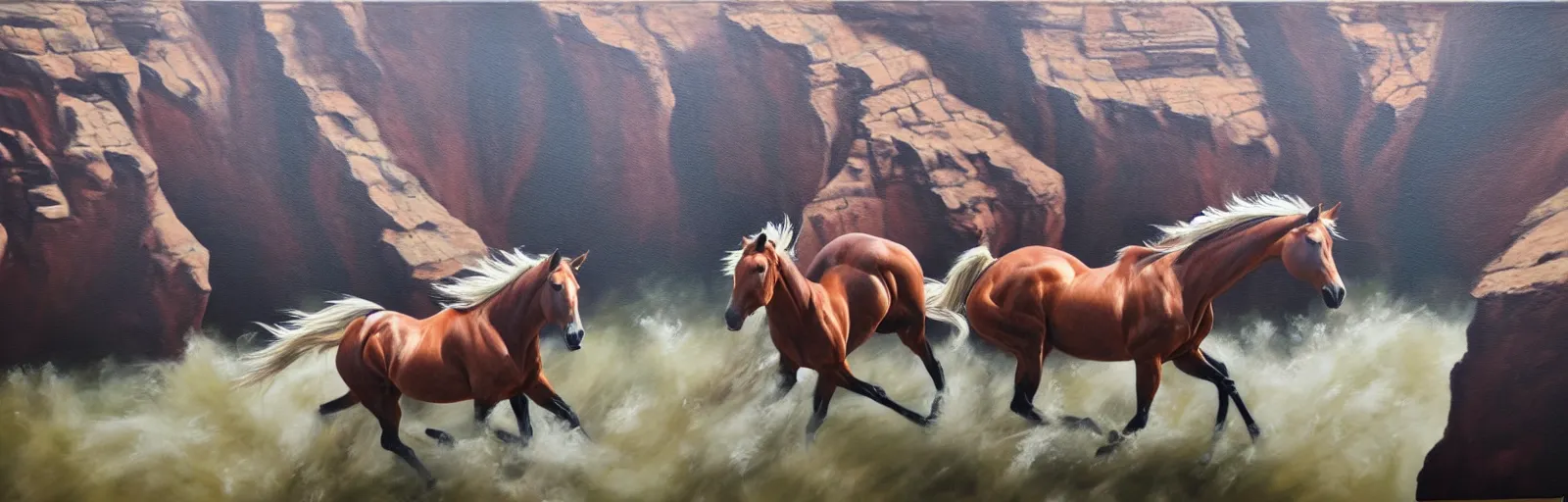 Image similar to lots of horses running through the canyon, hyper realistic, more details, they might be crawling, original oil on canvas painting by sydney mount