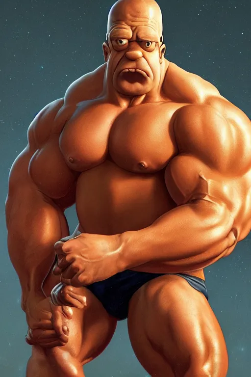 Prompt: upper body portrait of a hulking bulky swole steroids musclebound huge bodybuilder muscular herculean chiseled homer simpson, cinematic lighting, photorealistic, octane render, 8 k, depth of field, 3 d, art by artgerm and greg rutkowski and alphonse mucha and uang guangjian and gil elvgren and sachin ten