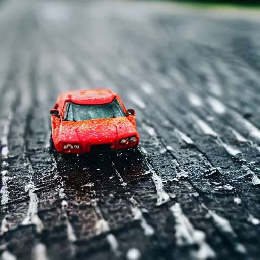 Image similar to macro photography of a hot wheels car driving through a puddle in the rain, 3 5 mm