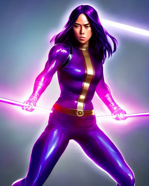 Image similar to Psylocke Chloe Bennet long hair, holding purple Halo energy sword, realistic character concept, action pose, comic book, illustration, slender symmetrical face and body, artstation, cinematic lighting, hyperdetailed, artgerm, 8k, Rafeal Albuquerque comic book art, single face, insanely detailed and intricate, beautiful