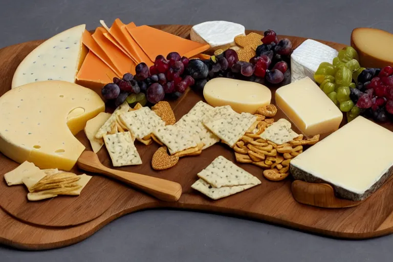 Prompt: A large cheese platter with crackers