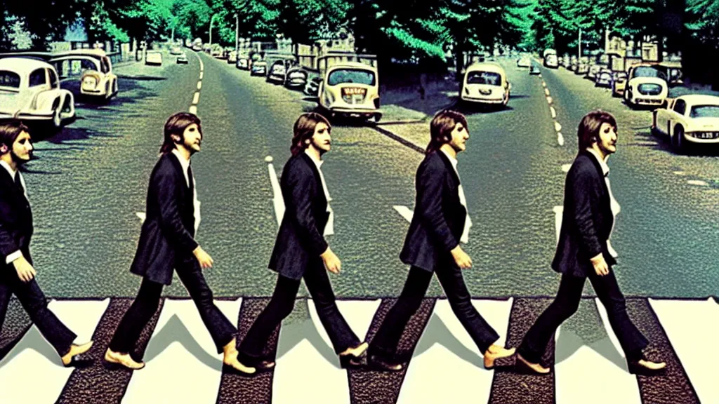 Prompt: The Beatles!! made of Honey!! on abbey road, film still from the movie directed by Denis Villeneuve, wide lens