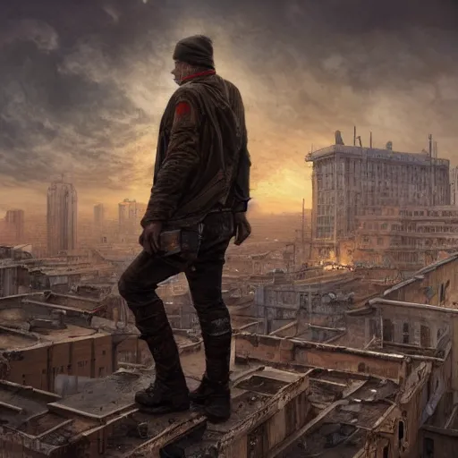 Image similar to an male survivor standing on a rooftop of an abandoned city, dark, atmospheric, detailed, centered, digital painting, artstation, concept art, donato giancola, Joseph Christian Leyendecker, WLOP, Boris Vallejo, Breathtaking, 8k resolution, extremely detailed, beautiful, establishing shot, artistic, hyperrealistic, octane render