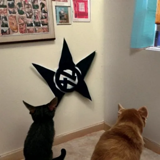 Image similar to dog doing nazi salute in front of cats