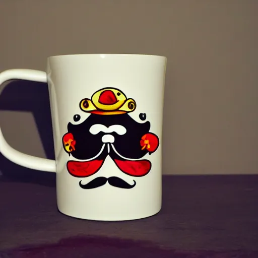 Prompt: coffee mug with arms and legs, mustache, wearing a sombrero, shaking maraca's