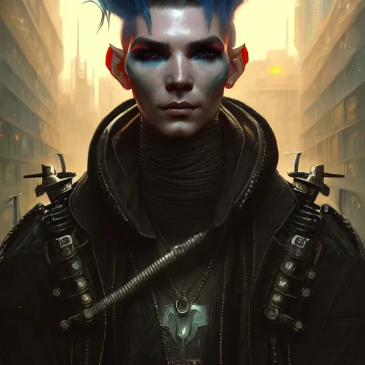 Prompt: portrait painting of a cyberpunk elf mercenary bill kaulitz, ultra realistic, concept art, intricate details, eerie, highly detailed, photorealistic, octane render, 8 k, unreal engine. art by artgerm and greg rutkowski and charlie bowater and magali villeneuve and alphonse mucha