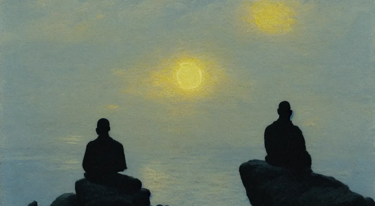 Prompt: isaac levitan painted style a lonely silhouette of a meditating monk sitting in the fog on a stone protruding from the water in the rays of the morning sun