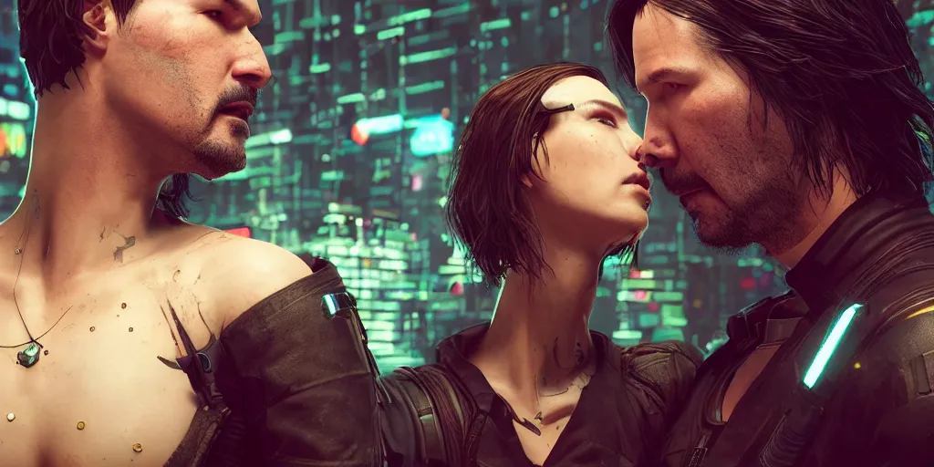 Prompt: a cyberpunk 2077 srcreenshot couple portrait of Keanu Reeves and a female android in final kiss,love,film lighting,by Lawrence Alma-Tadema,Andrei Riabovitchev,Laurie Greasley,Dan Mumford,John Wick,Speed,Replicas,artstation,deviantart,FAN ART,full of color,Digital painting,face enhance,highly detailed,8K,octane,golden ratio,cinematic lighting