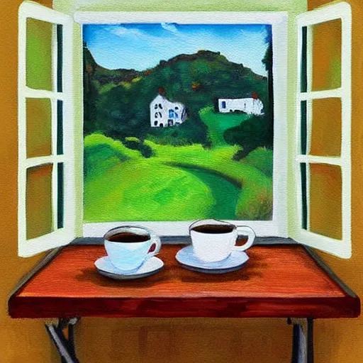 Prompt: “ nostalgic painting of a breakfast table with a steaming cup of coffee and a newspaper. the window behind it shows a green idyllic hill with a road on it, and families walking to school ”