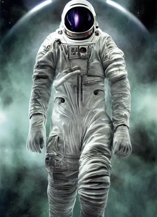 Image similar to astronauts in dark and empty void underwater - complex and hyperdetailed technical suit. reflection and dispersion materials. rays and dispersion of light. volumetric light. 5 0 mm, f / 3 2. noise film photo. flash photography. ultra realistic, wide angle. poster by wayne barlowe, hajime sorayama aaron horkey, craig mullins