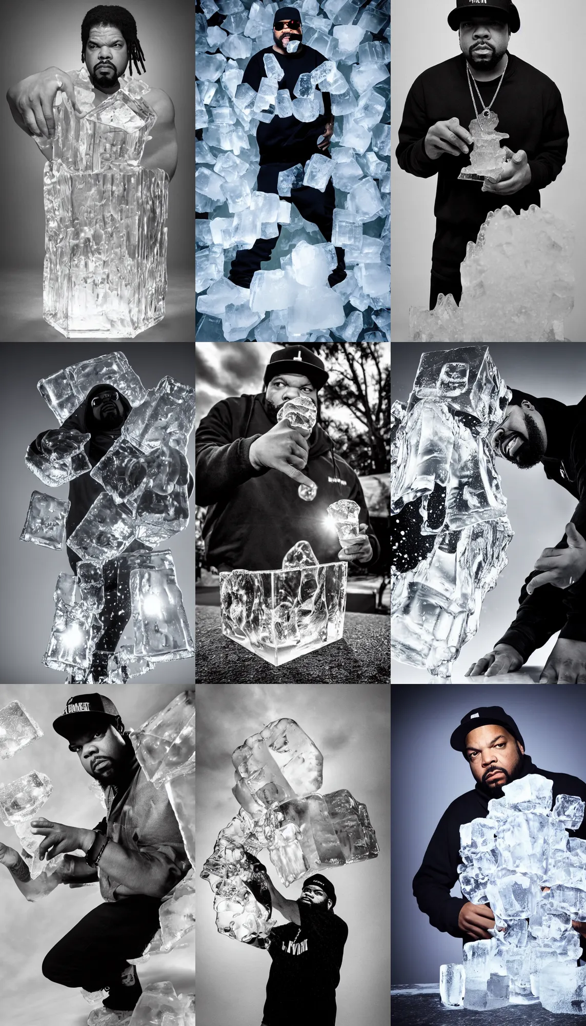 Prompt: dramatic photo, the rapper'ice cube'made out of ice, full body, wide angle photo, award winning