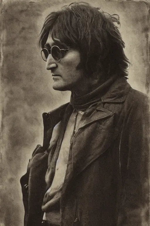 Image similar to john lennon, outlaw, full body, symmetrical features, silver iodide, 1 8 8 0 photograph, sepia tone, aged paper, sergio leone, master prime lenses, cinematic