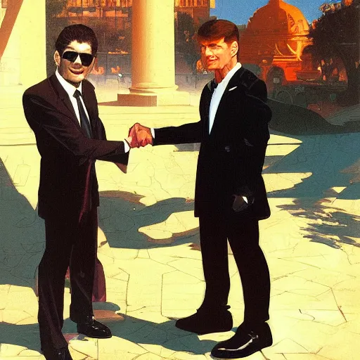 Image similar to tony khan and vince mcmahon shaking hands, stylized behance by syd mead, frank frazetta, ken kelly, simon bisley, richard corben, william - adolphe bouguereau