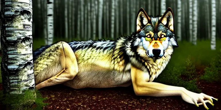 Image similar to chimera made of a wolf and a crocodile, awarded on pixiv, trending on deviantart, headshot, realistic birch wood swamp, professional photoshop utilizing real life photos