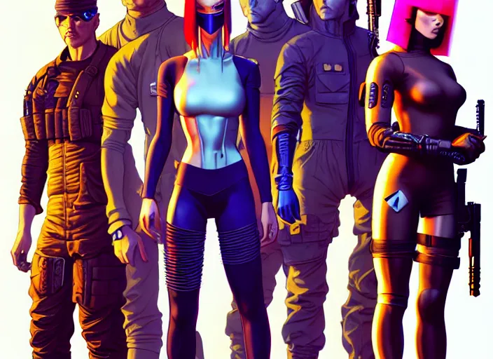 Image similar to cyberpunk ninja squad. portrait by stonehouse and mœbius and will eisner and gil elvgren and pixar. character design. realistic proportions. cyberpunk 2 0 7 7 character art, blade runner 2 0 4 9 concept art. cel shading. attractive face. thick lines. the team. diverse characters. artstationhq.