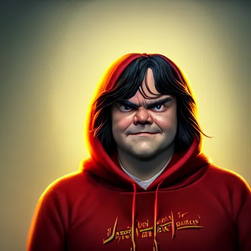 Prompt: epic fantasy comic book style portrait painting of jack black, long brown hair, red hoodie, grey undershirt, by mark ryden pixar hayao miyazaki, unreal 5, daz, hyperrealistic, octane render, cosplay, rpg portrait, dynamic lighting, intricate detail, cinematic summer vibrancy