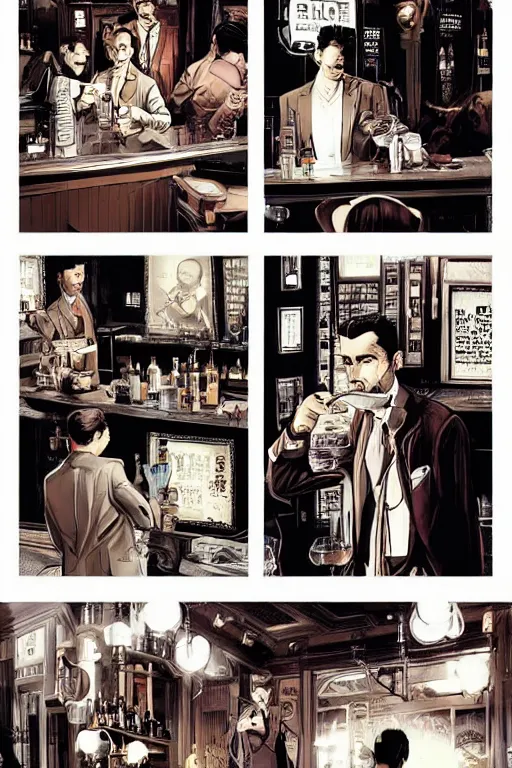 Prompt: Handsome hard-boiled detective enters a bar, everyone looks as the detective enters the bar, Victorian bar interior, dim lights and smoke from cigars, by Patrick Rosche and Tomer Hanuka, clean, intricate, elegant, highly detailed, digital painting, artstation, comic art, smooth, sharp focus, illustration, masterpiece art by artgerm and greg rutkowski and alphonse mucha