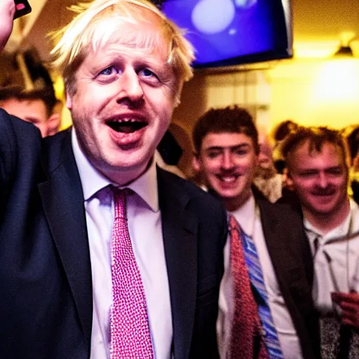 Prompt: boris johnson taking selfies in a nightclub