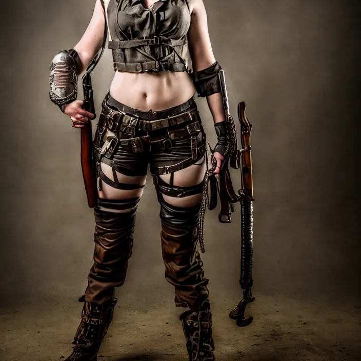 Image similar to full length photo of a very beautiful female dieselpunk warrior with weapons, 8 k, hdr, smooth, sharp focus, high resolution, award - winning photo