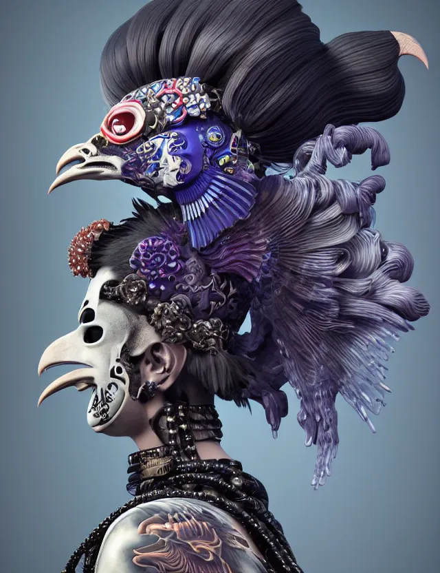 Image similar to 3 d goddess close - up profile portrait punk with mohawk with ram skull. beautiful intricately detailed japanese crow kitsune mask and clasical japanese kimono. betta fish, jellyfish phoenix, bio luminescent, plasma, ice, water, wind, creature, artwork by tooth wu and wlop and beeple and greg rutkowski