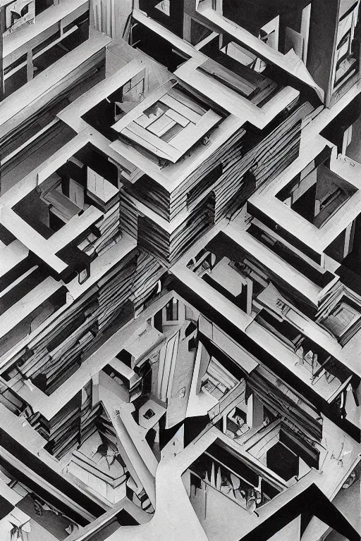 Prompt: A beautiful painting of Multistorey architectures seen from above by MC Escher,black and white