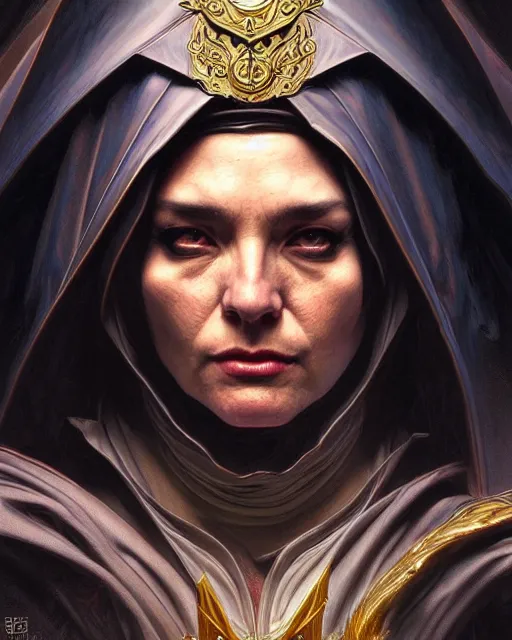 Image similar to realistic wide angle portrait of a nasty bishop, evil, heroic pose, beautiful face, full body, dramatic lighting, intricate, wild, highly detailed, digital painting, artstation, concept art, smooth, sharp focus, illustration, art by artgerm and greg rutkowski and alphonse mucha, footage from space camera