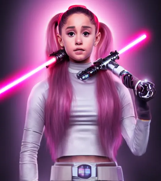 Image similar to A hyper realistic photo of Ariana Grande in the Star Wars universe with two pink lightsabers held in each hand. Maximum detail on artstation, photo realism