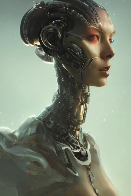 Image similar to a fancy portrait of a half robot half alien women by Greg Rutkowski, Sung Choi, Mitchell Mohrhauser, Maciej Kuciara, Johnson Ting, Maxim Verehin, Peter Konig, final fantasy , 8k photorealistic, cinematic lighting, HD, high details, atmospheric , trending on artstation