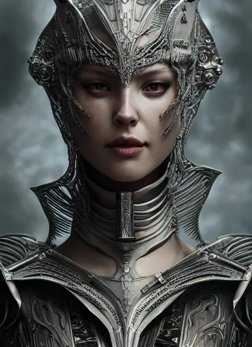 Image similar to hyperrealistic mixed media portrait of a beautiful armored warrior woman, stunning 3d render inspired art by Gerald Brom + perfect facial symmetry + dim volumetric lighting, ornate silver gothic armor, 8k octane beautifully detailed render, post-processing, extremely hyperdetailed, intricate, epic composition, grim yet sparkling atmosphere, cinematic lighting + masterpiece, trending on artstation, Art Nouveau