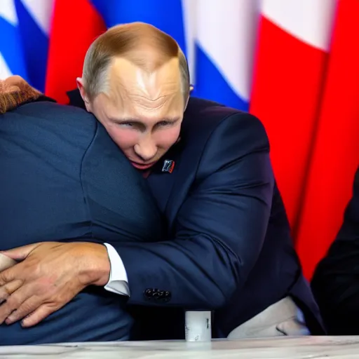 Prompt: vladimir putin hugs billy herrington, press conference, 1 0 8 0 p, press photos, g 7 summit