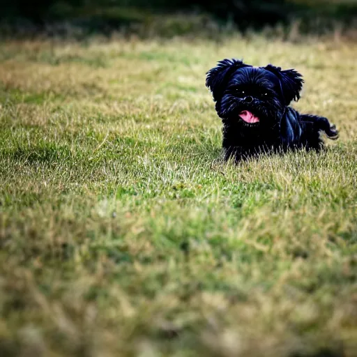 Prompt: 8k photo of black shih tzu playing in a field, lots of light