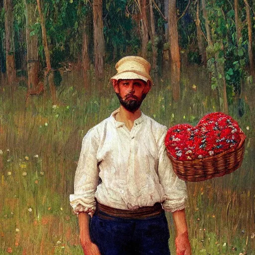 Image similar to a beautiful painting of a russian instagram heart farmer. in his arm he has a basket full of hearts. in style of ilya repin, trending on artstation