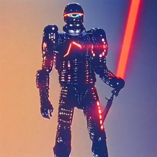 Prompt: a cyborg knight wearing space armor and holding a laser lance, cyberpunk, futurustic, red white and gold color scheme, film still, arriflex 35, high detail