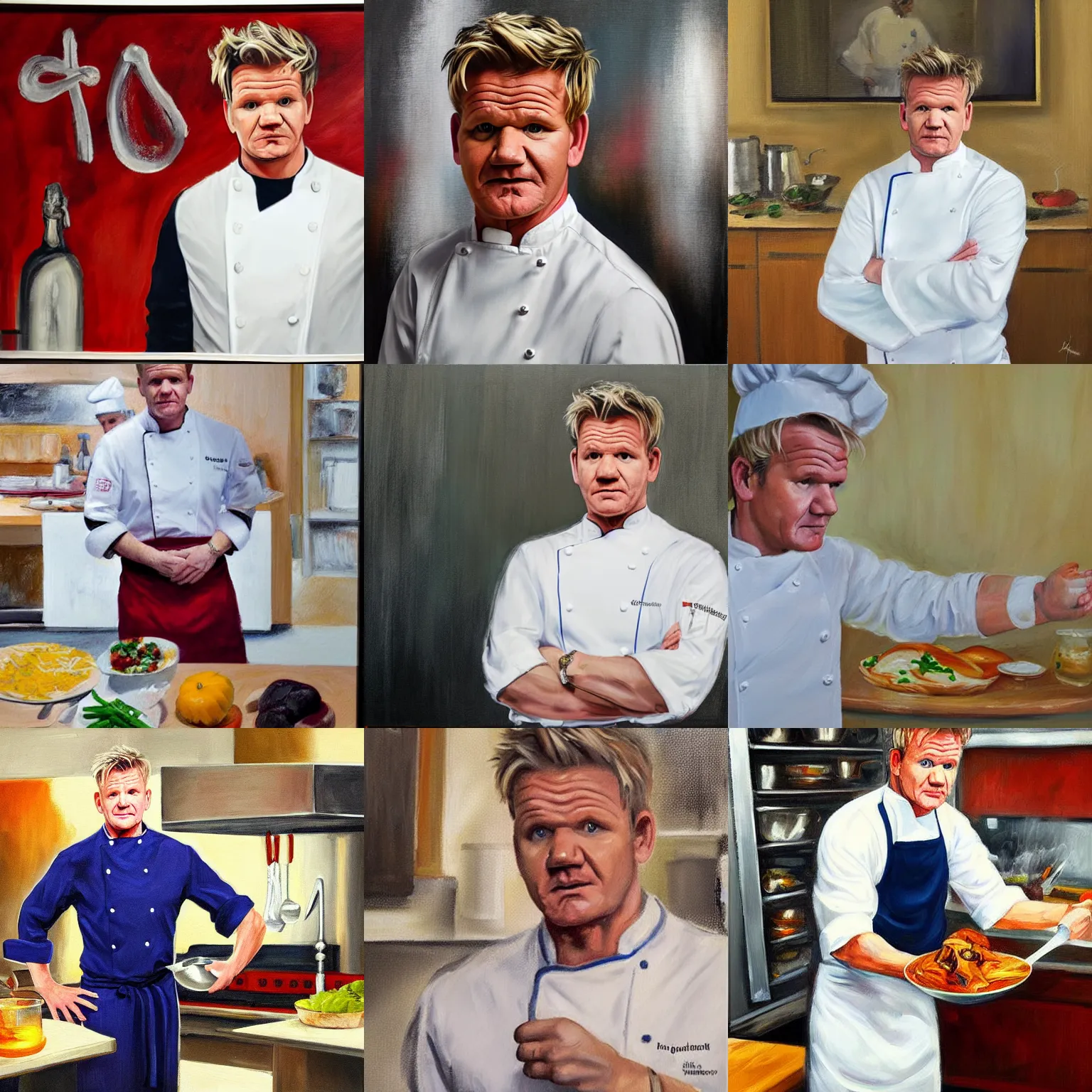 Prompt: Gordon Ramsay wearing a chef uniform in a kitchen, medium long shot, oil painting, classicism style