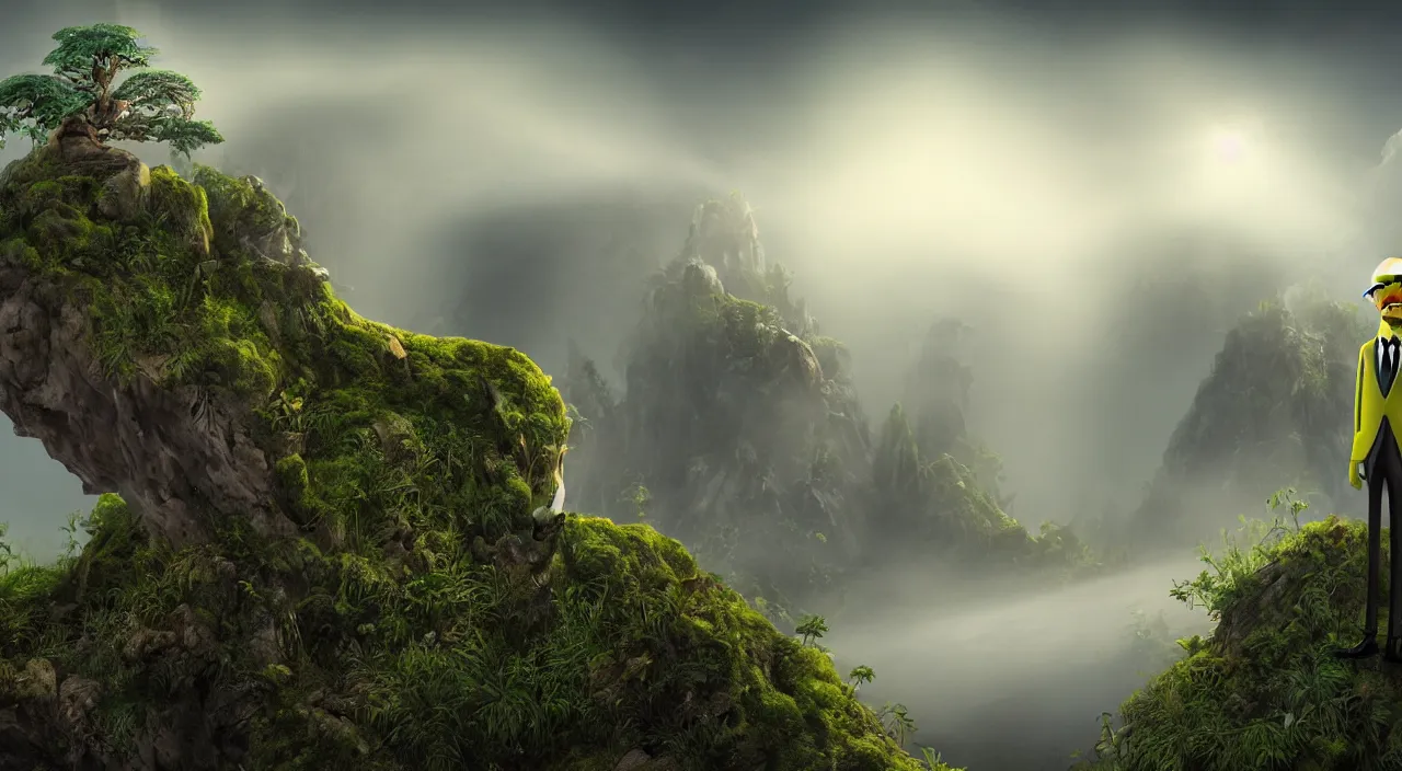 Prompt: photorealistic matte painting of mr burns from the simpsons standing far in misty overgrowth undergrowth jagged rock features volumetric fog light rays high contrast dawn