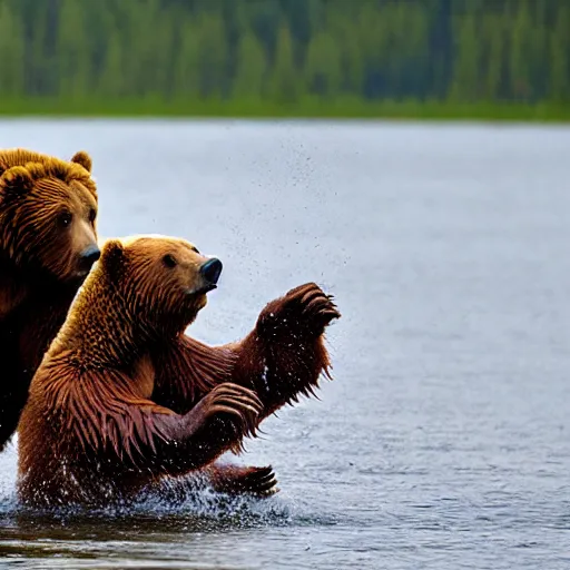 Prompt: kodiak bears kung - fu fighting on a lakefront using salmon as weapons, in the style of the flinstones,