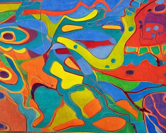 Image similar to A wild, insane, modernist landscape painting. Wild energy patterns rippling in all directions. Curves, organic, zig-zags. Saturated color. Outsider art.