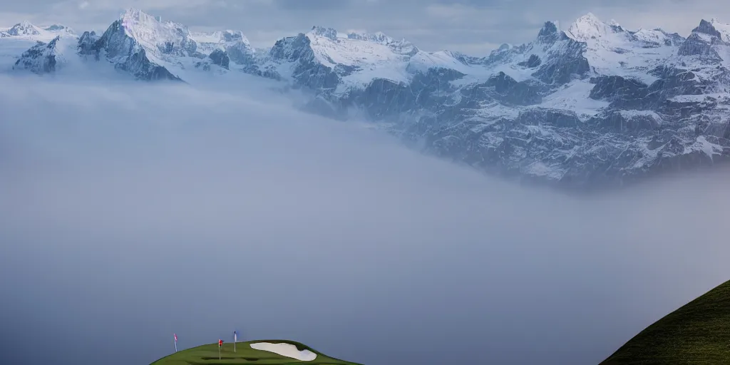 Image similar to a great photograph of the most amazing golf hole in the world, perfect light, over a cliff, in the swiss alps, high above treeline, ambient light, 5 0 mm, golf digest, top 1 0 0, fog